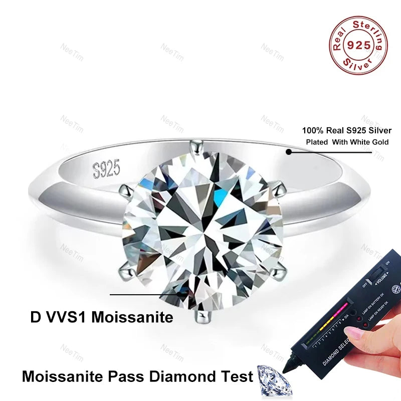 Moissanite Ring for Women 0.5-5ct | 925 Sterling Silver with White Gold Plating | Engagement & Wedding Band
