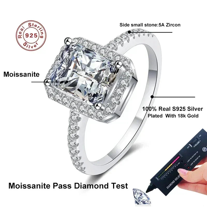 2 Carat Emerald Radiant Cut Moissanite Ring for Women | 925 Sterling Silver with 18K Gold Plating | Engagement & Wedding Band