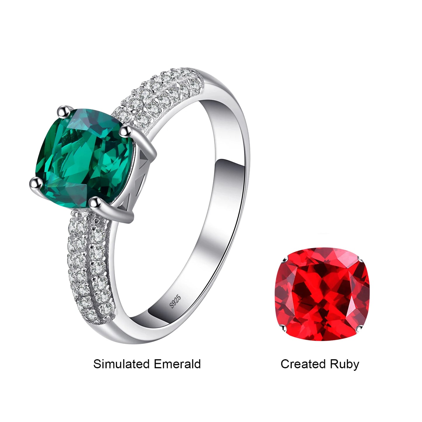 JewelryPalace Green Simulated Nano Emerald Created Ruby Ring 925 Sterling Silver Gemstone Solitaire Engagement Rings for Women