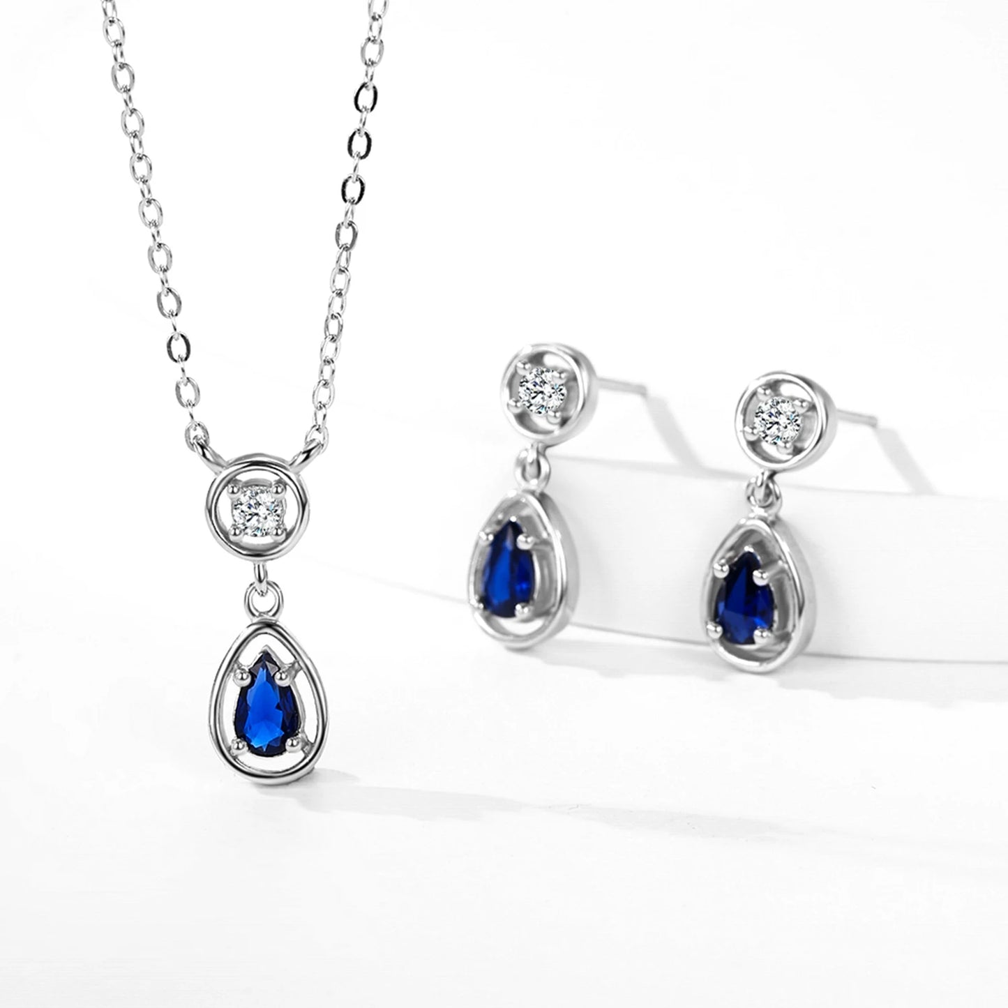 ALYRAH 925 Sterling Silver Jewelry Set – Blue Zircon Water Drop Pendant Necklace & Earrings | Elegant Wedding Gift