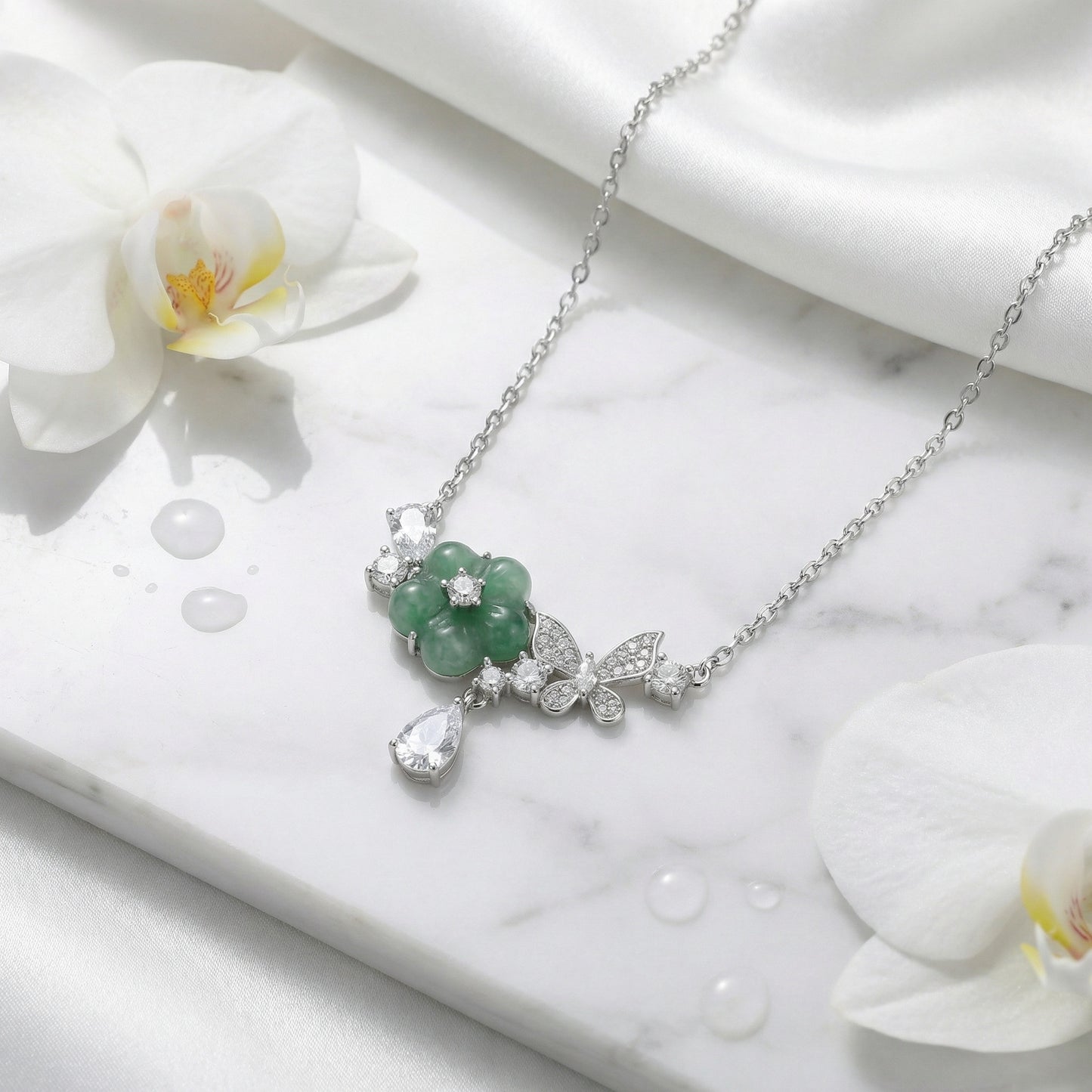 Emerald Enchantment – 925 Silver Necklace with Jade Blossom & Butterfly