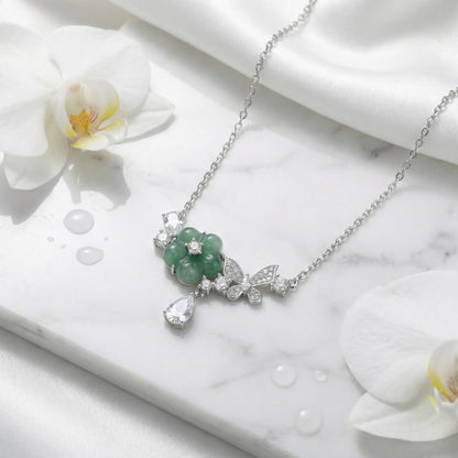 Emerald Enchantment – 925 Silver Necklace with Jade Blossom & Butterfly
