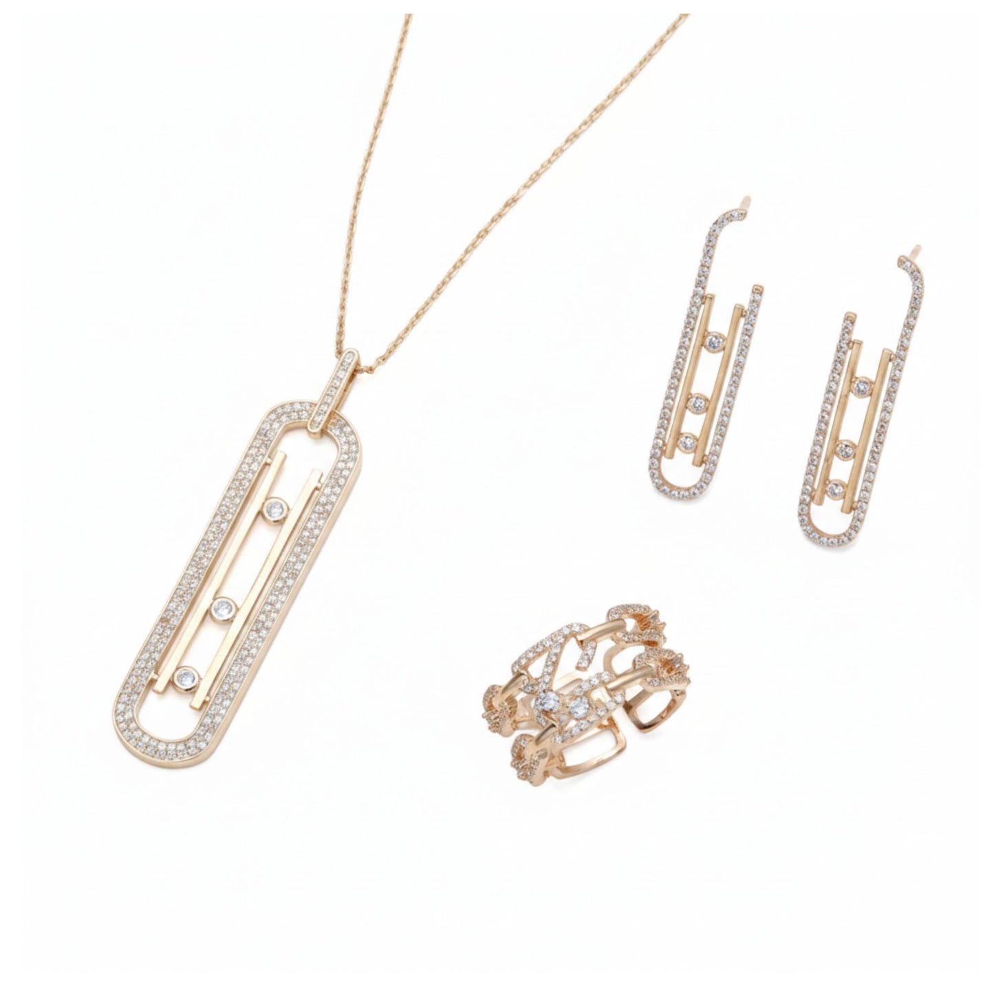 Luxury Geometry – Schichtbares Schmuckset: Anhänger, Ohrringe & Ring