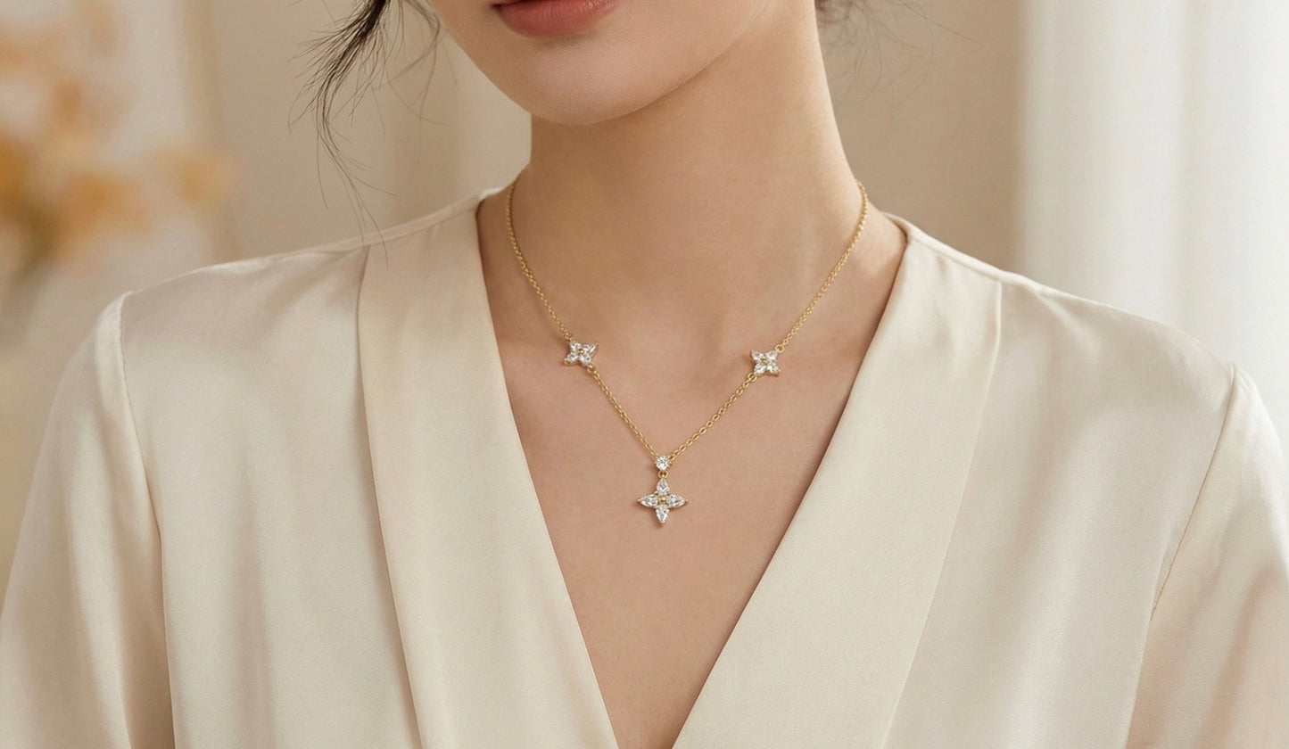 Blossom Harmony – 925 Silver Necklace with Triple Floral Design