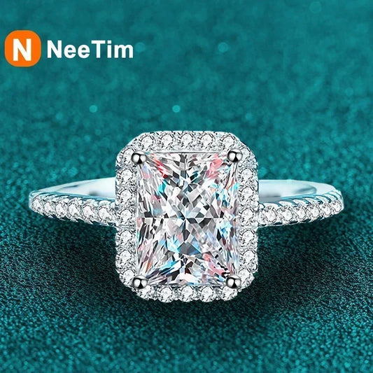 2 Carat Emerald Radiant Cut Moissanite Ring for Women | 925 Sterling Silver with 18K Gold Plating | Engagement & Wedding Band