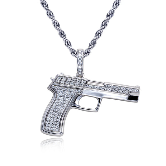 „Street King“ – Moissanite Gun Anhänger Halskette Sterling Silber