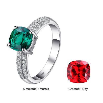 JewelryPalace Green Simulated Nano Emerald Created Ruby Ring 925 Sterling Silver Gemstone Solitaire Engagement Rings for Women