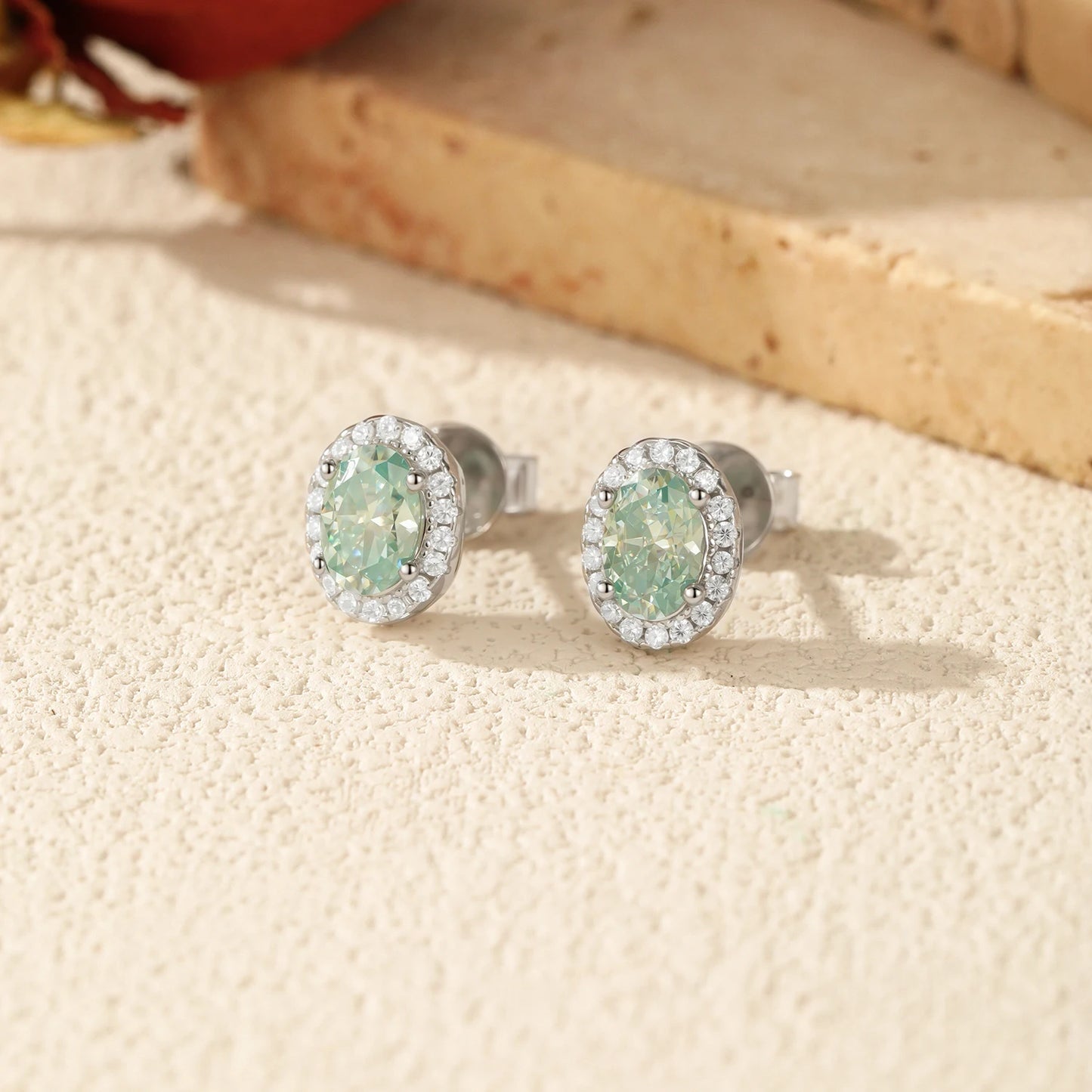 Emerald Halo – Green Moissanite Oval Stud Earrings