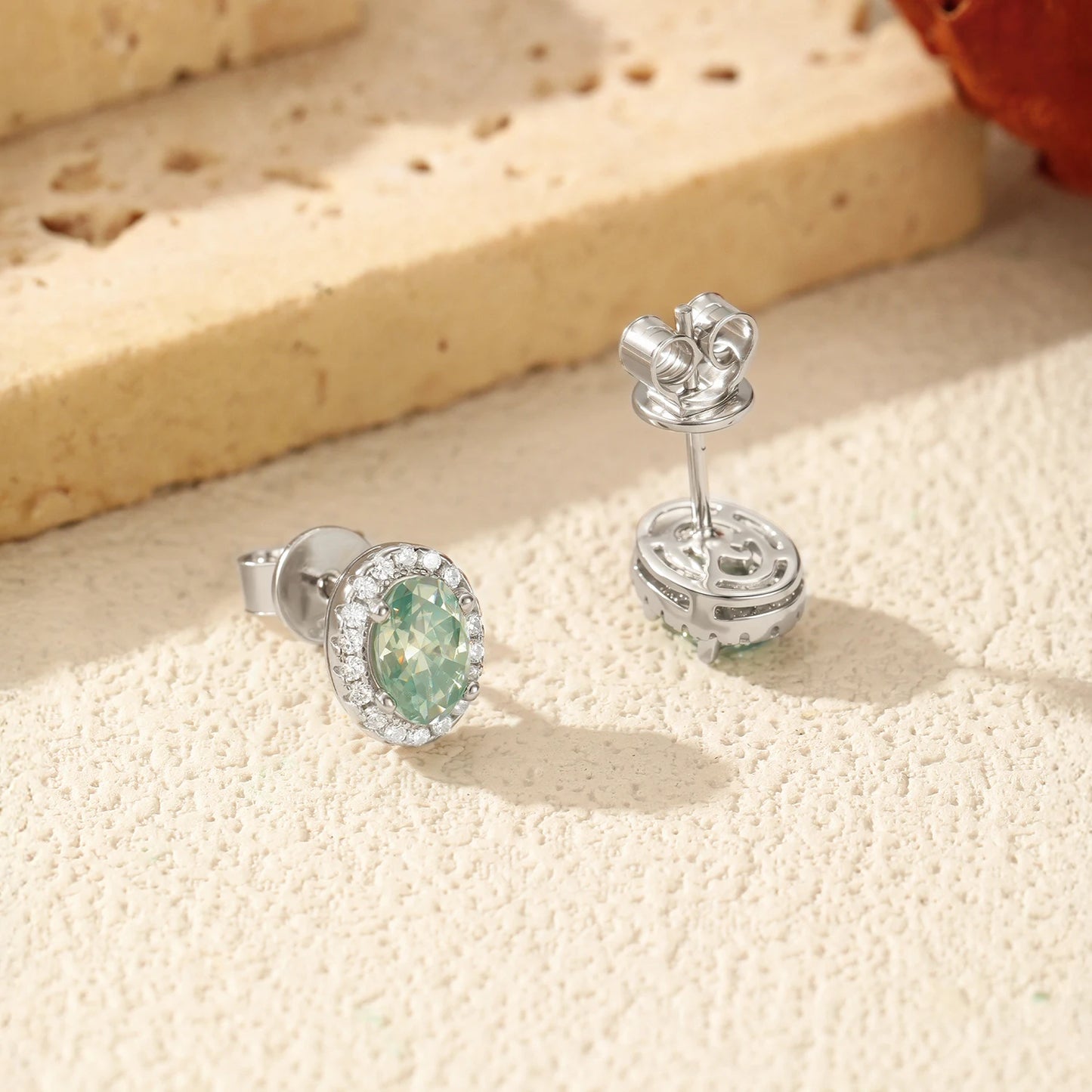 Emerald Halo – Green Moissanite Oval Stud Earrings