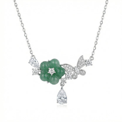 Emerald Enchantment – 925 Silver Necklace with Jade Blossom & Butterfly